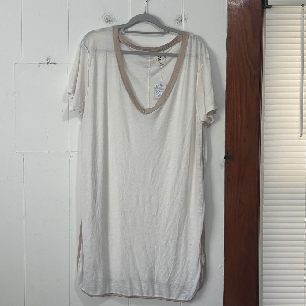 We The Free Free People Ivory Tan V-Neck Ringer Tunic Top Short Sleeve Medium